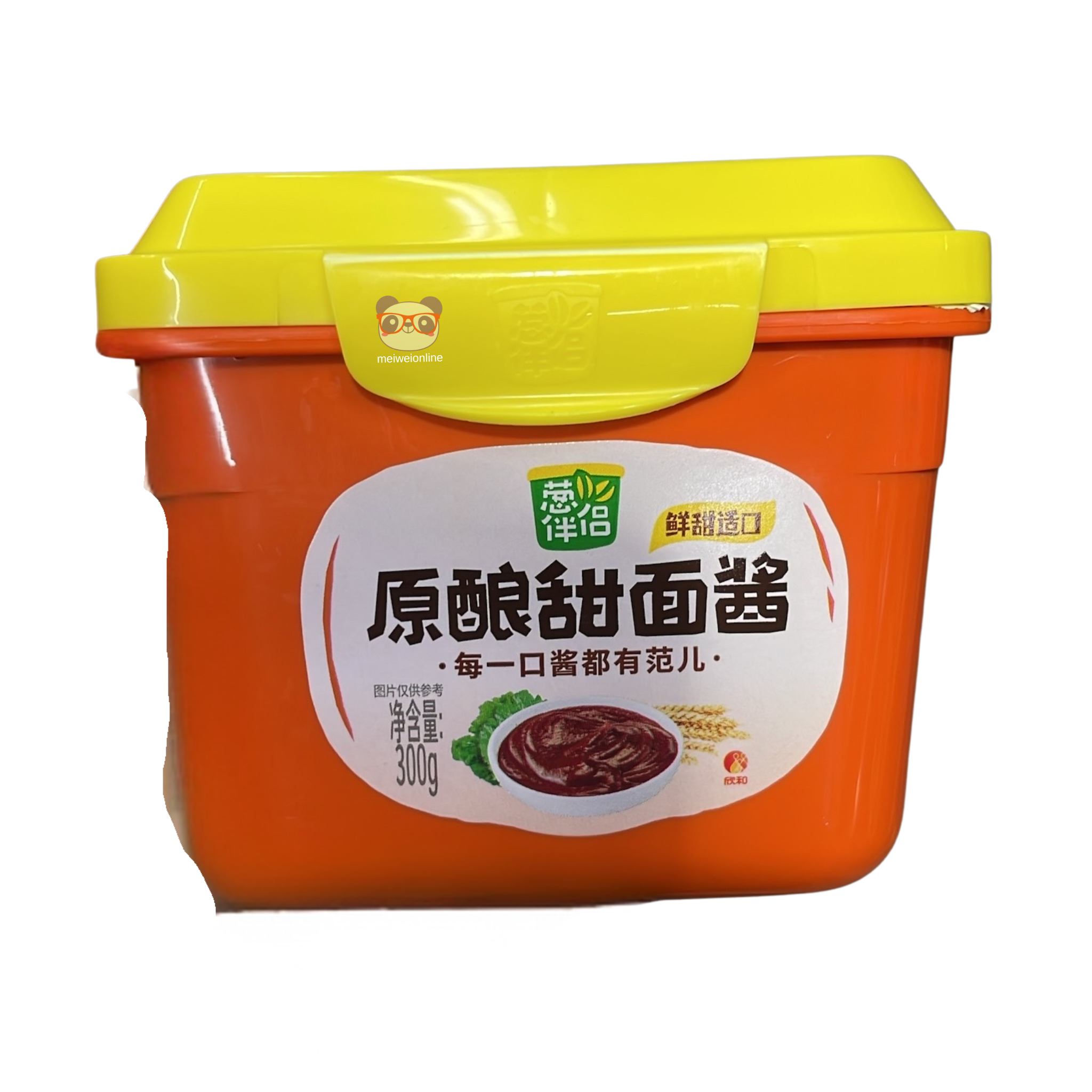 Embalagem do Molho Doce de Feijão Fermentado Xiangda (Tianmianjiang) 300g, com a inscrição em chinês 原酿甜面酱. Condimento tradicional chinês para culinária.
