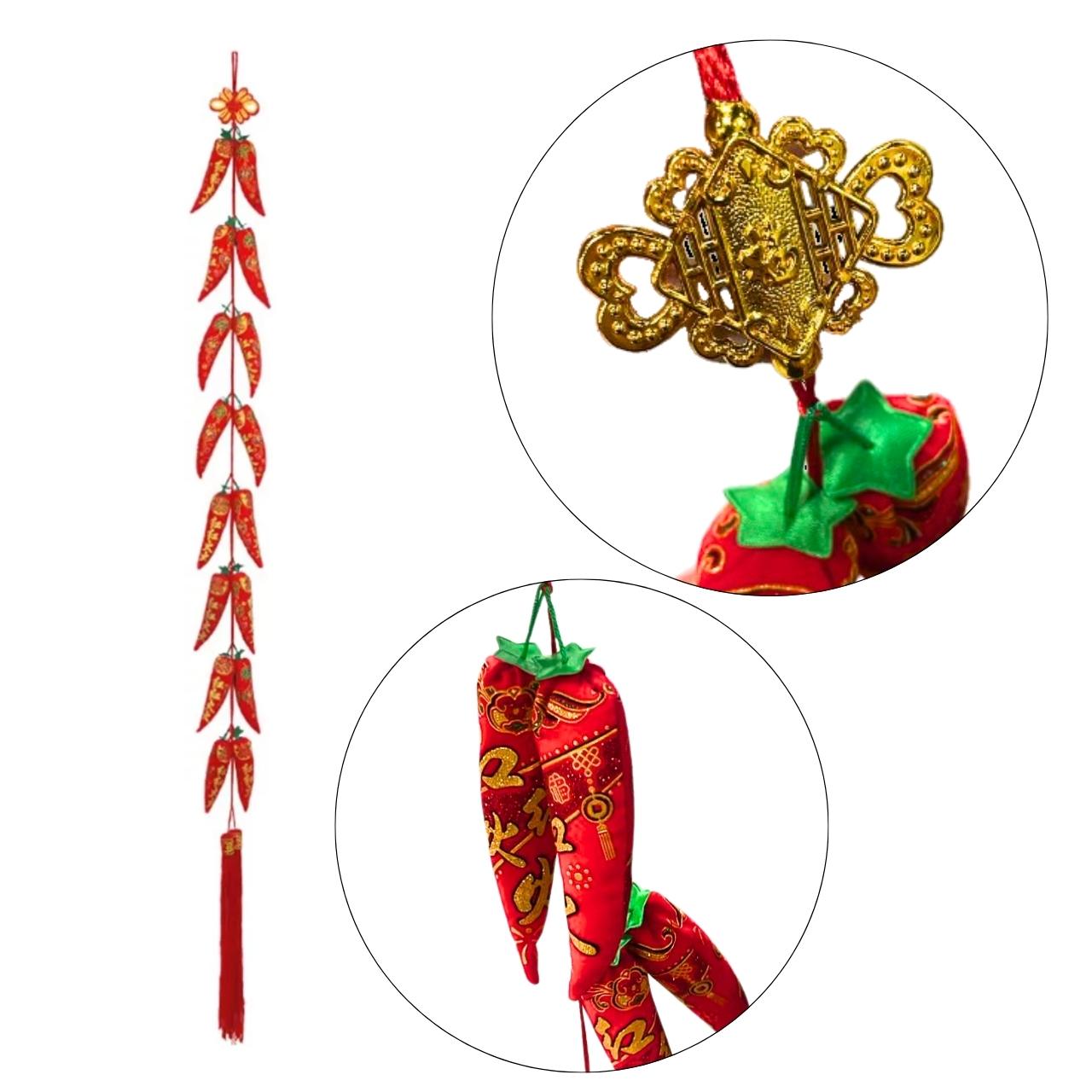 pingente para decoração de pimentas vermelhas com símbolos chineses para proteção da casa