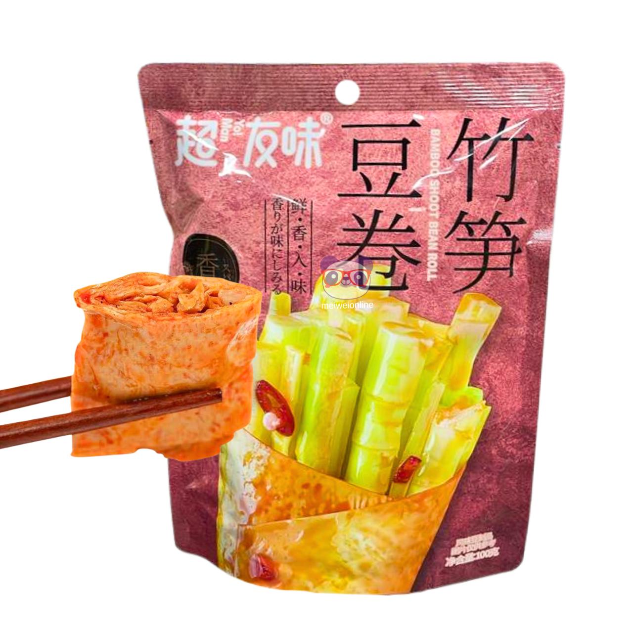Snack de broto de bambu com rolinho de feijão picante 竹笋豆卷 embalagem 100g – petisco chinês pronto para consumo