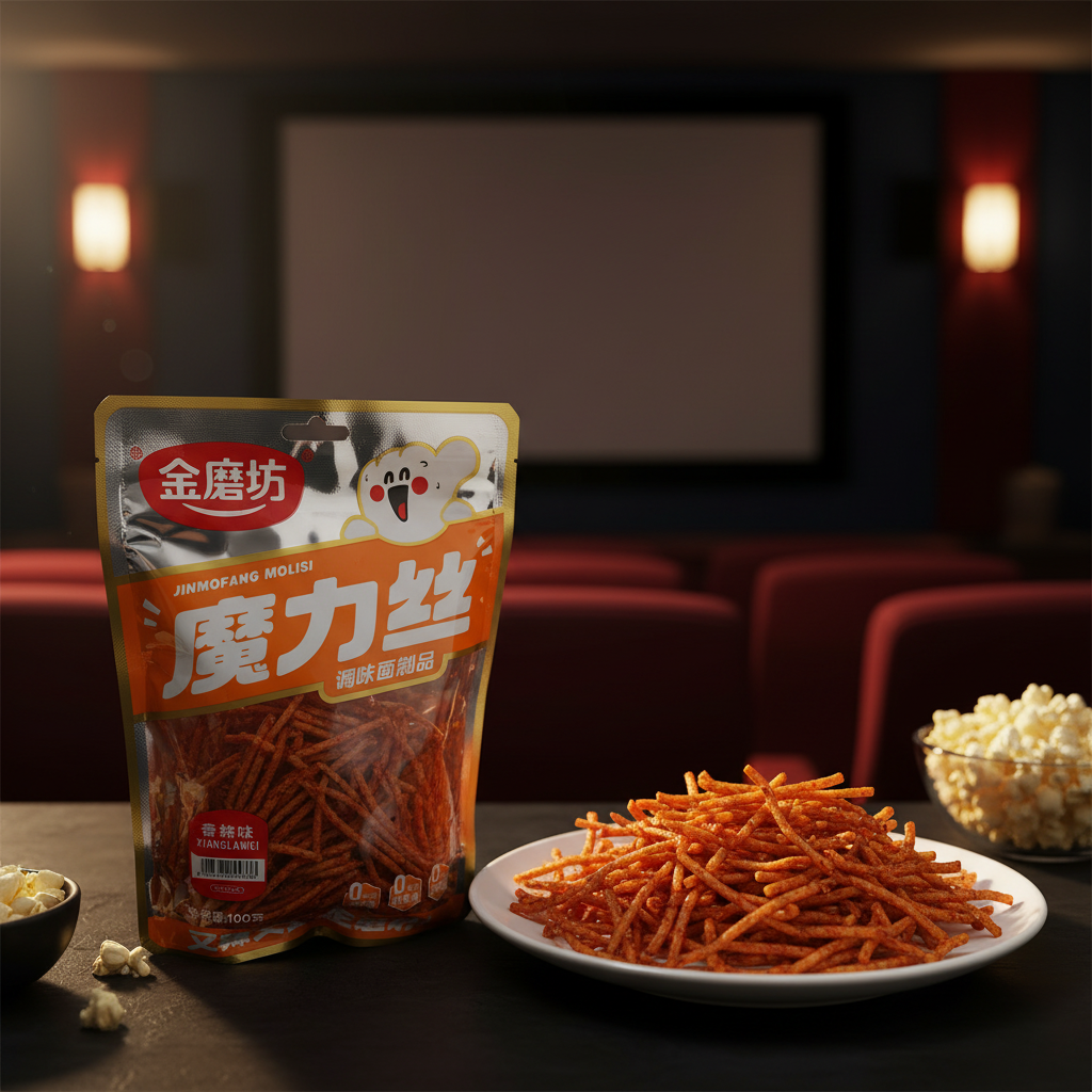 Tirinhas de Massa de Trigo Picante Jinmofang 100g - 金磨坊 魔力丝 香辣味 调味面制品