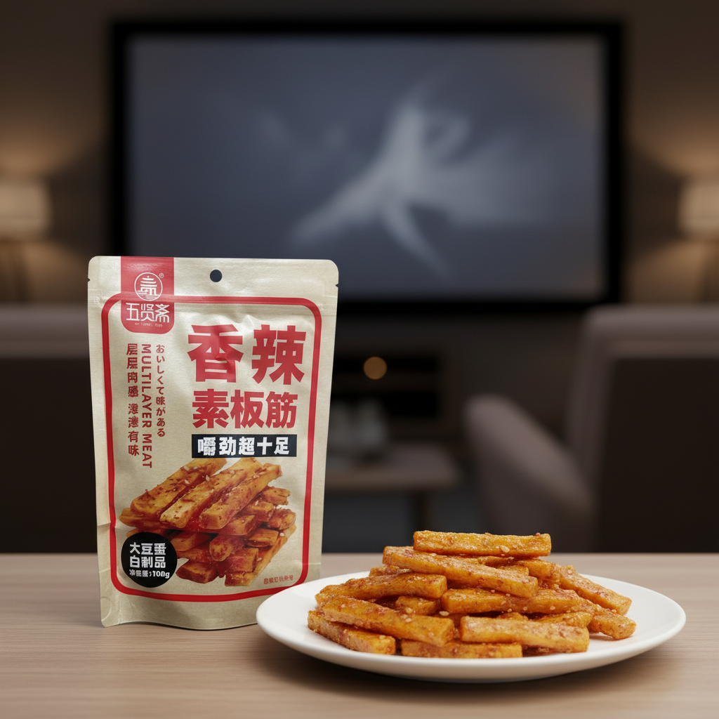 Tirinhas Vegetais Picantes Wu Xian Zhai 100g - 五贤斋 香辣素板筋 | Snack de Soja Chinês Sabor Picante