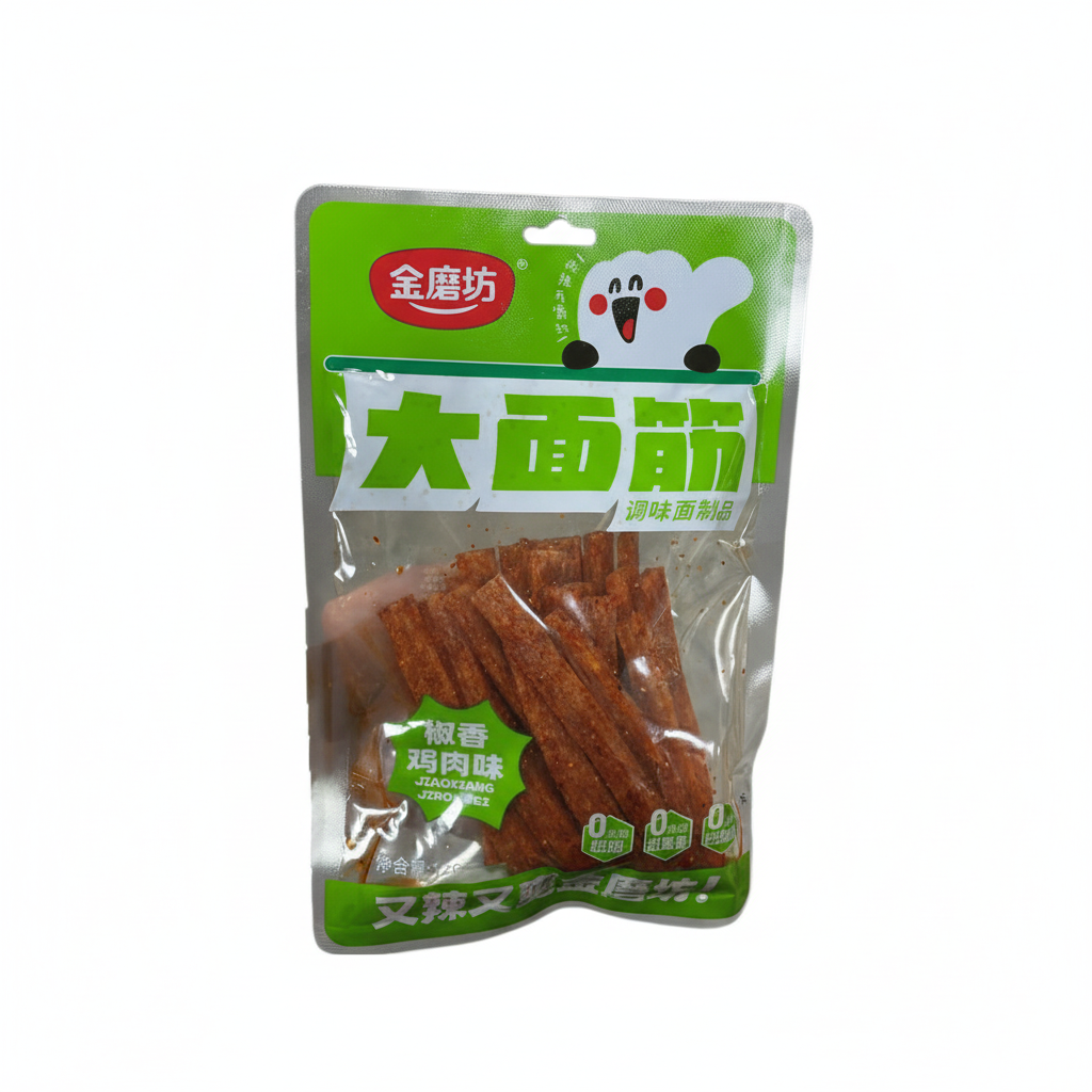 Tirinhas de glúten de trigo sabor frango apimentado Jinmofang 120g embalagem