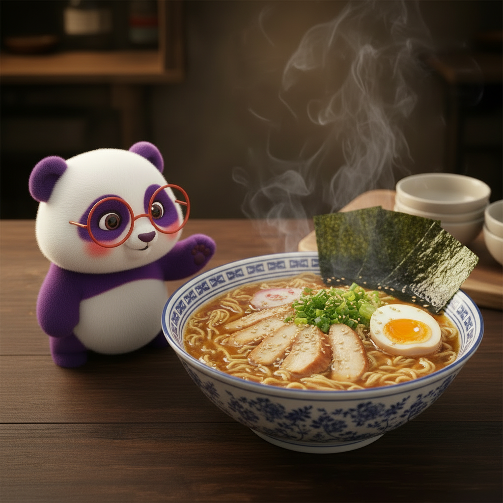 Mei Wei: Ramen Caseiro — Mei Mei ao lado de tigela de ramen shoyu com frango desfiado, ovo cremoso, nori e cebolinha sobre mesa de madeira