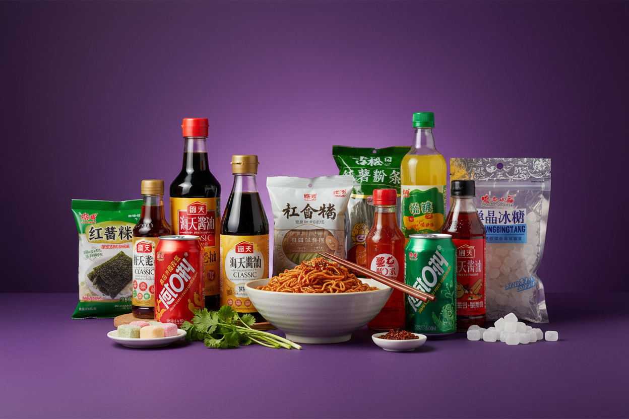 Coleção de produtos asiáticos Mei Wei incluindo molhos de soja, macarrão, biscoitos de arroz, bebidas e açúcar de rocha sobre fundo roxo premium