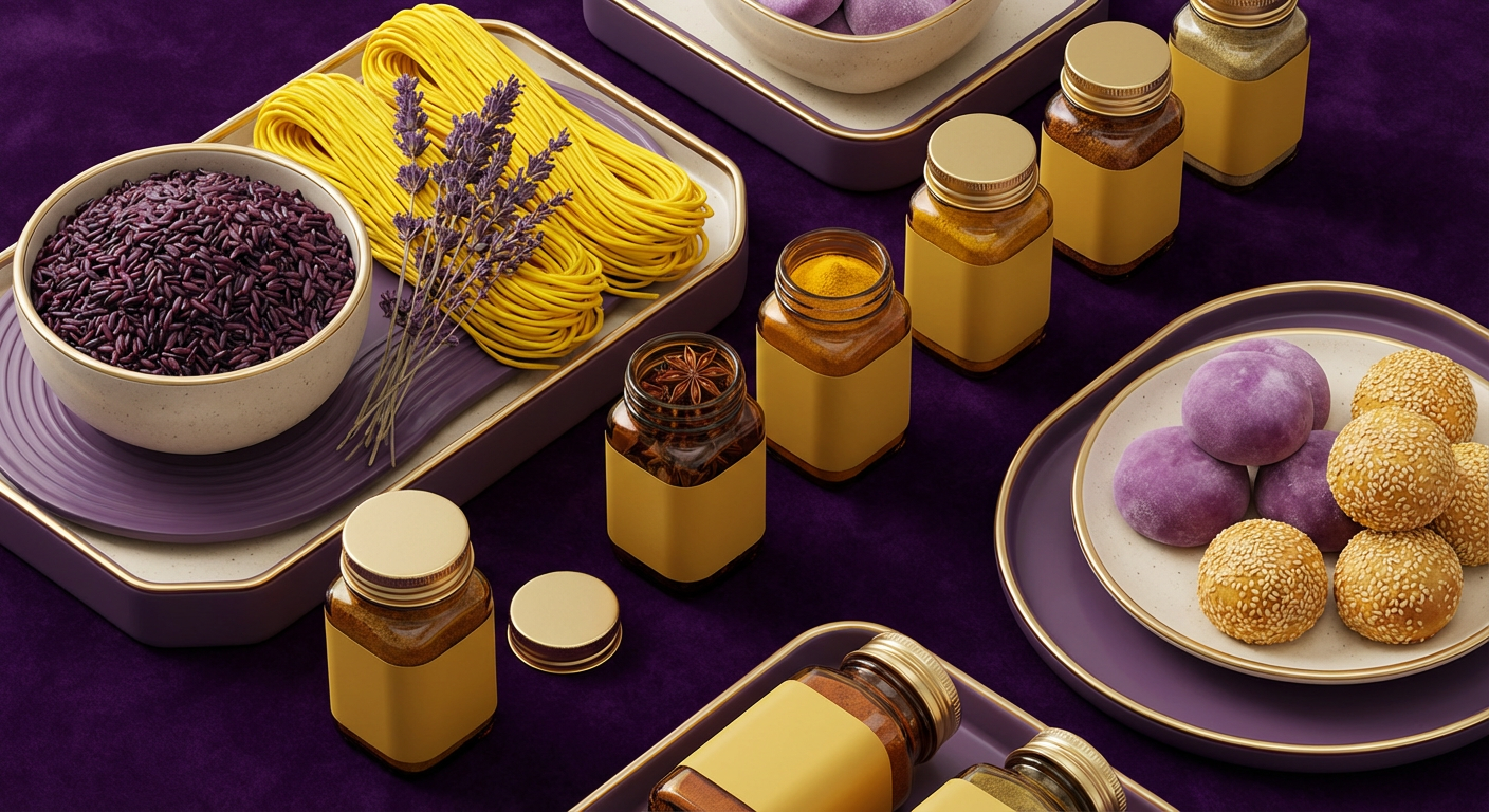 Mei Wei - Lançamento - Seleção luxuosa de novos alimentos orientais dispostos em um flat lay. Inclui arroz roxo, macarrão amarelo, potes de vidro com temperos e doces orientais em uma superfície roxo imperial com detalhes em amarelo intenso e dourado.