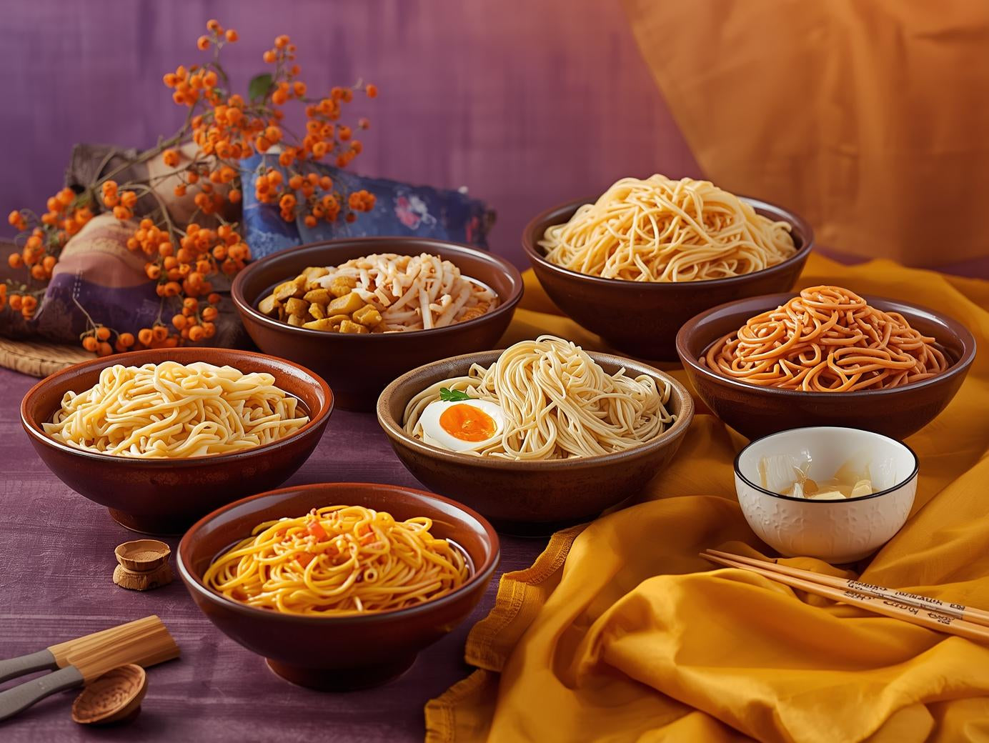 Mei Wei: Banner da coleção Macarrão Chinês, com noodles variados em fundo nas cores roxo imperial e amarelo da marca.