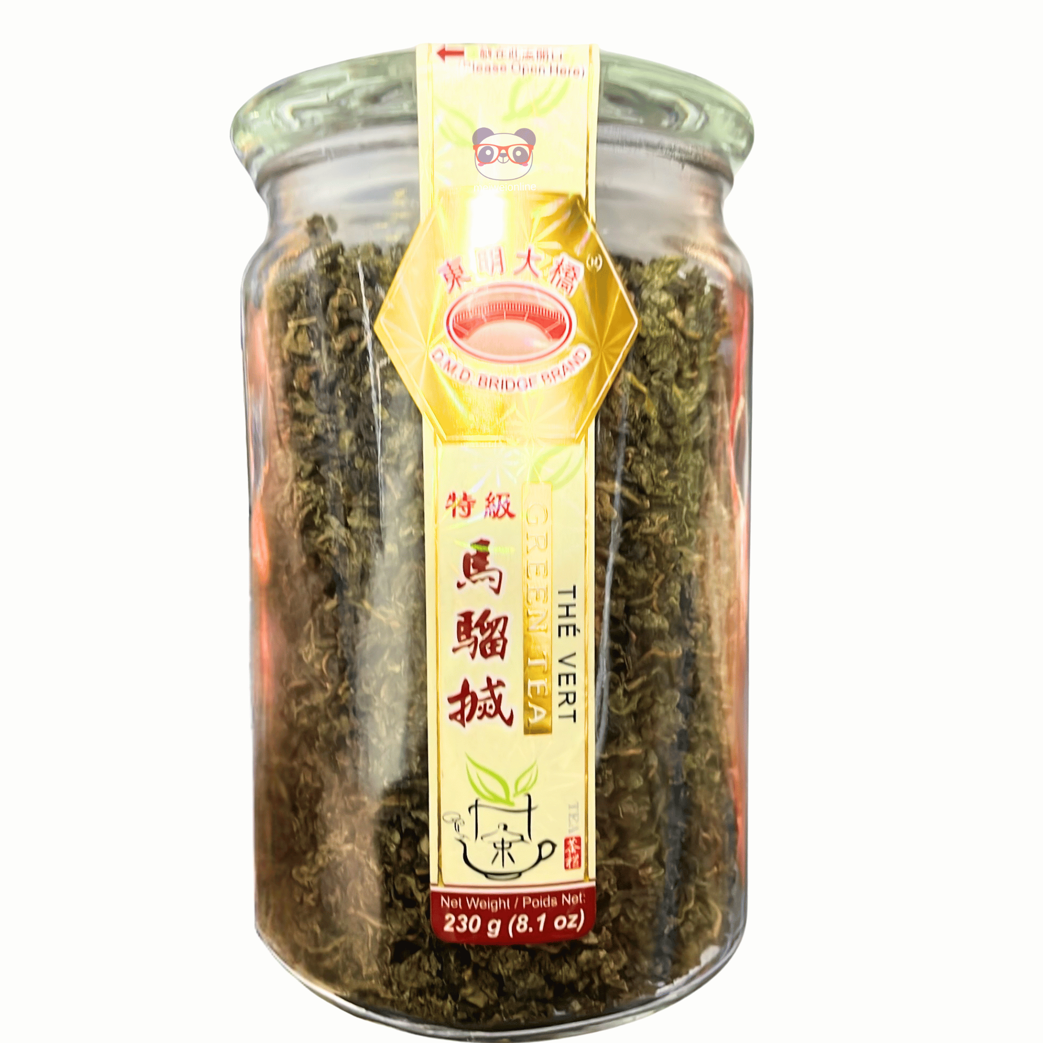 Frasco de vidro contendo chá verde premium Ma Ku Cheng (特级马骏城绿茶) da marca Old Bridge, com rótulo em chinês e francês, peso líquido de 230g