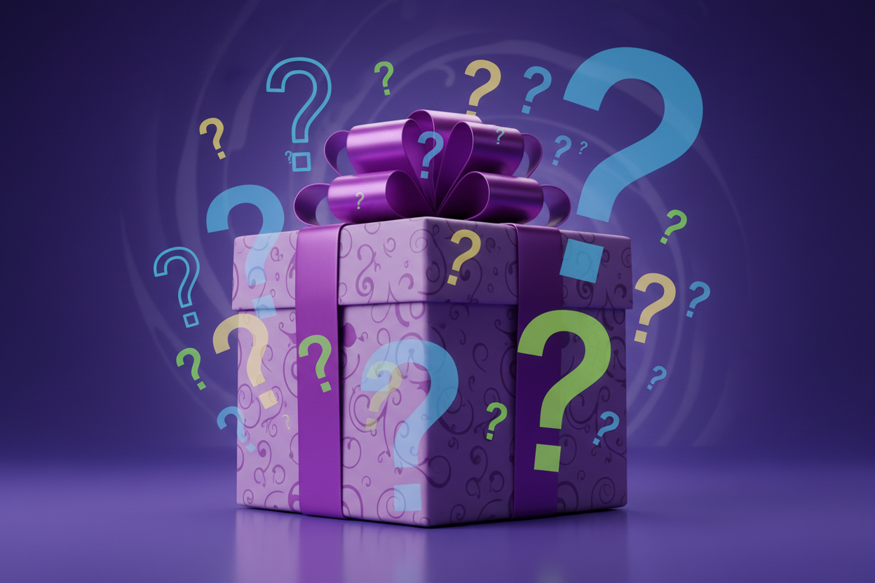 Gere uma imagem de interrogacoes com uma caixinha de surpresa, na cor roxa