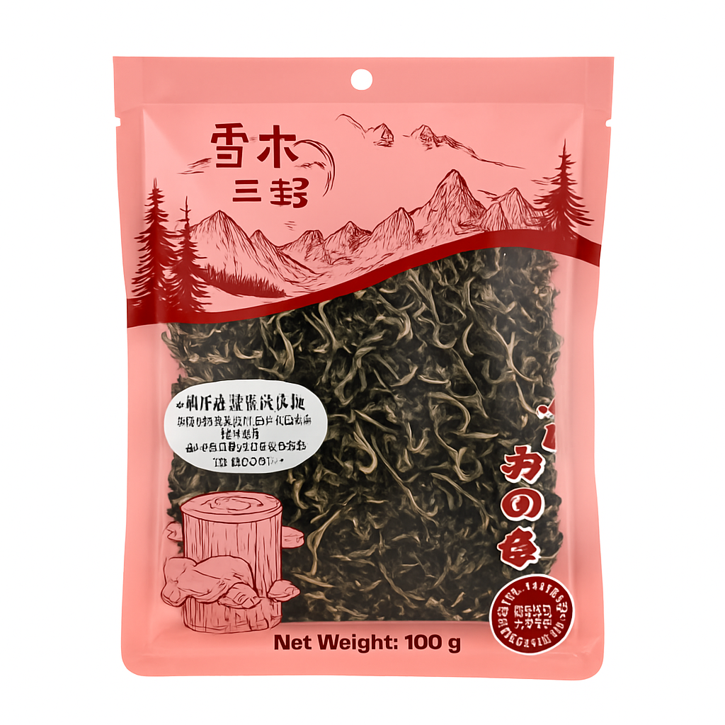 Mei Wei: Fungo Preto Seco em Tiras（清水白背黑木耳丝）- Xue Shan San Zhen 100g - Embalagem em Fundo Branco
