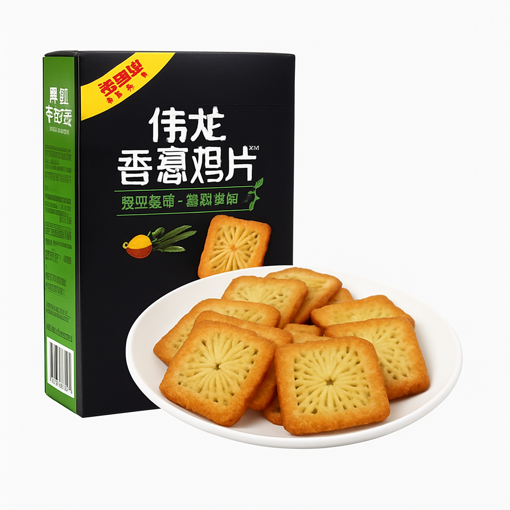 Mei Wei: Biscoito de Cebola Verde（伟龙香葱鸡片）- Weilong 180g - Embalagem em Fundo Branco