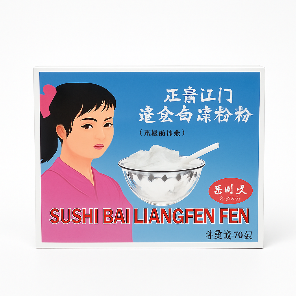 Mei Wei: Farinha para Sobremesa Branca（白凉粉）- Bailida 70g - Embalagem em Fundo Branco