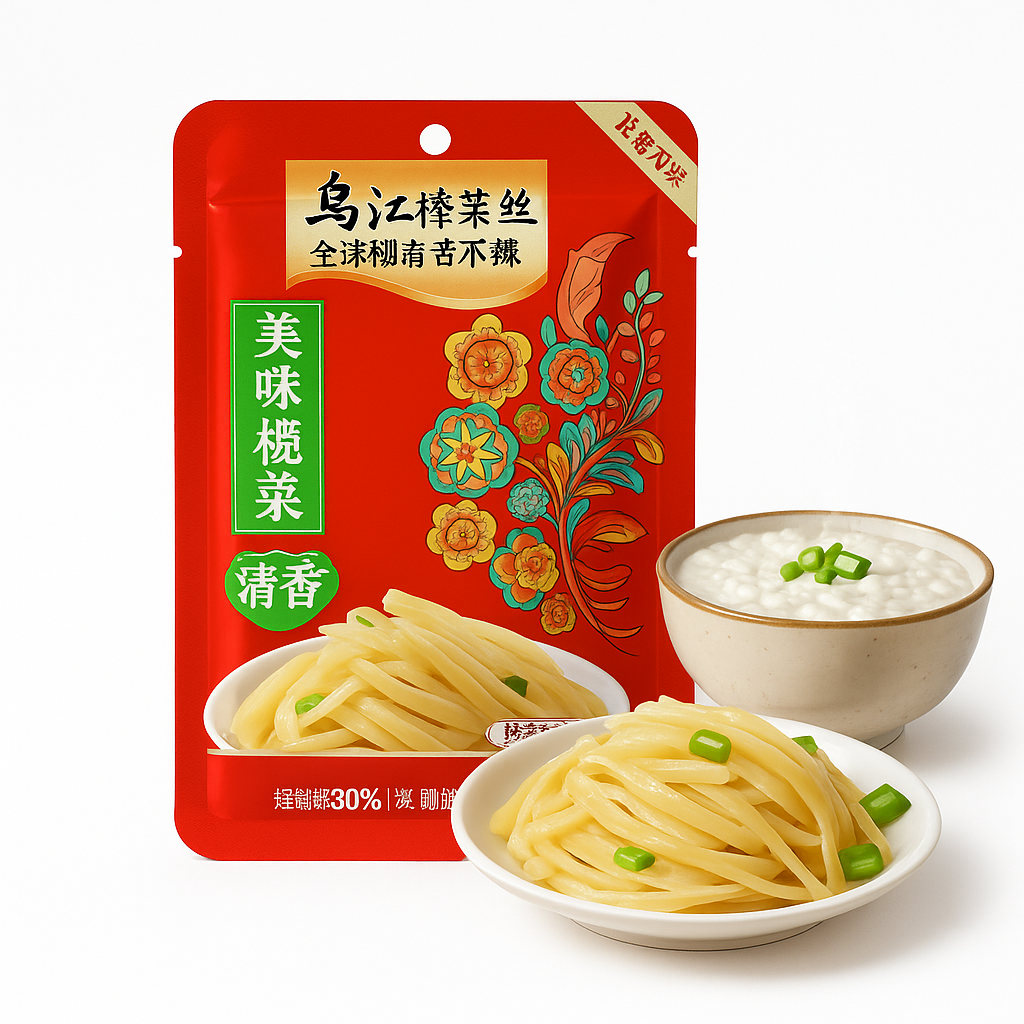 Mei Wei: Conserva de Mostarda Chinesa Sabor Suave（乌江榨菜）- Wujiang 80g - Embalagem em Fundo Branco