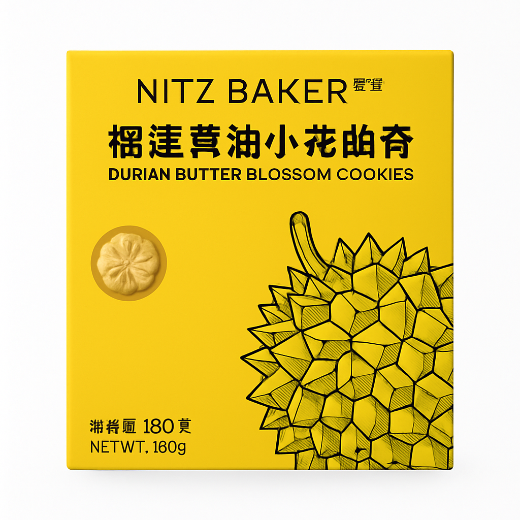 Mei Wei: Biscoito Amanteigado de Durian（榴莲黄油小花曲奇）- Nitz Baker 100g - Embalagem em Fundo Branco