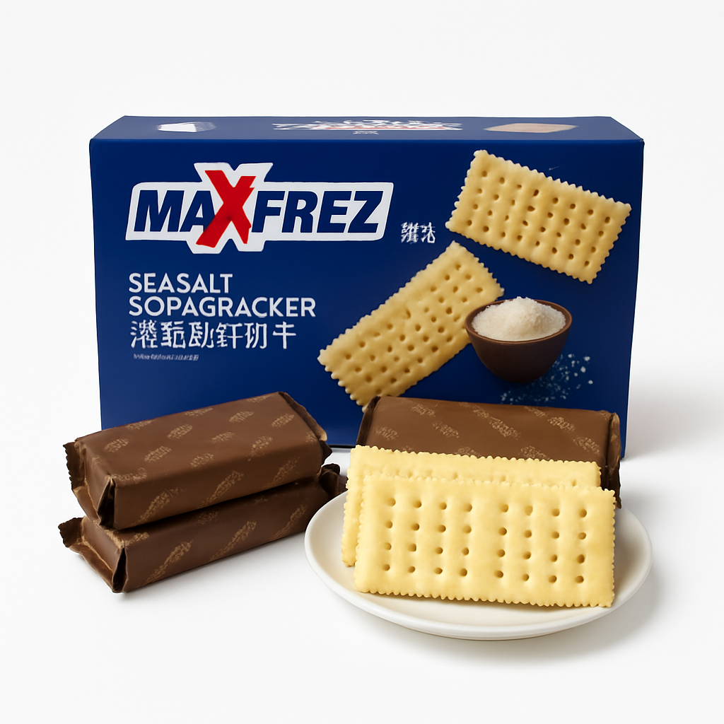 Mei Wei: Biscoito Salgado de Sal Marinho（海盐梳打饼干）- Maxfrez 840g - Embalagem em Fundo Branco