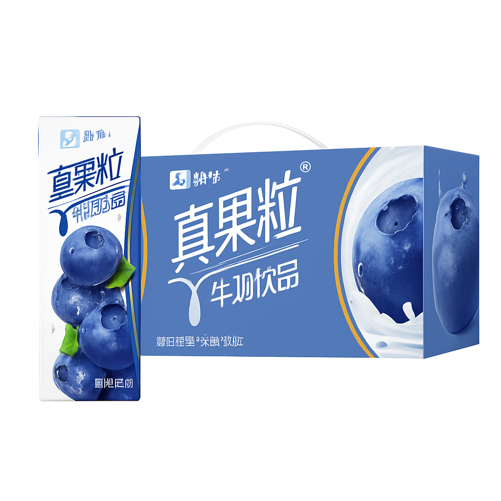 Mei Wei: Bebida Láctea com Mirtilo（蒙牛真果粒）- Mengniu 250ml - Embalagem em Fundo Branco