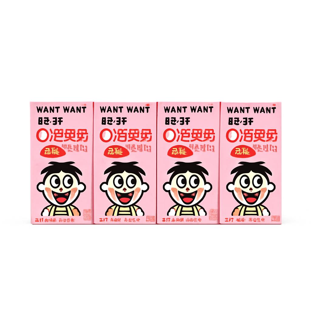 Mei Wei: Bebida Láctea de Morango Want Want（旺旺草莓牛奶）- Want Want 125ml - Embalagem em Fundo Branco