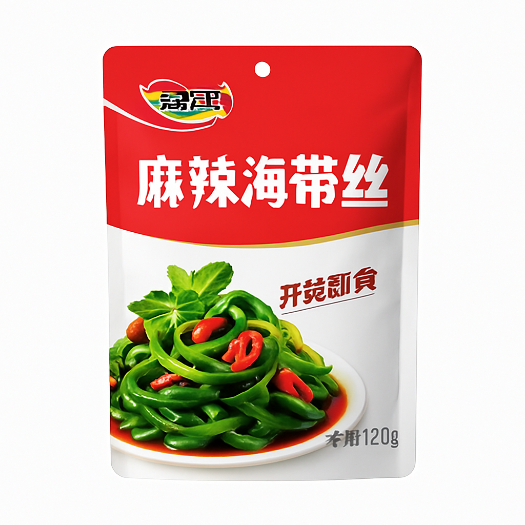 Mei Wei: Alga Marinha Temperada Apimentada（麻辣海带丝）- Wei Jute 80g - Embalagem em Fundo Branco