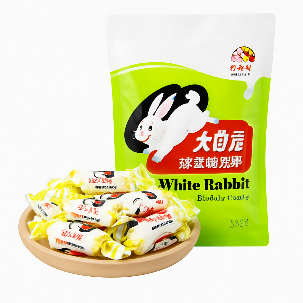 Mei Wei: Bala de Leite Sabor Iogurte（大白兔奶糖）- White Rabbit 227g - Embalagem em Fundo Branco