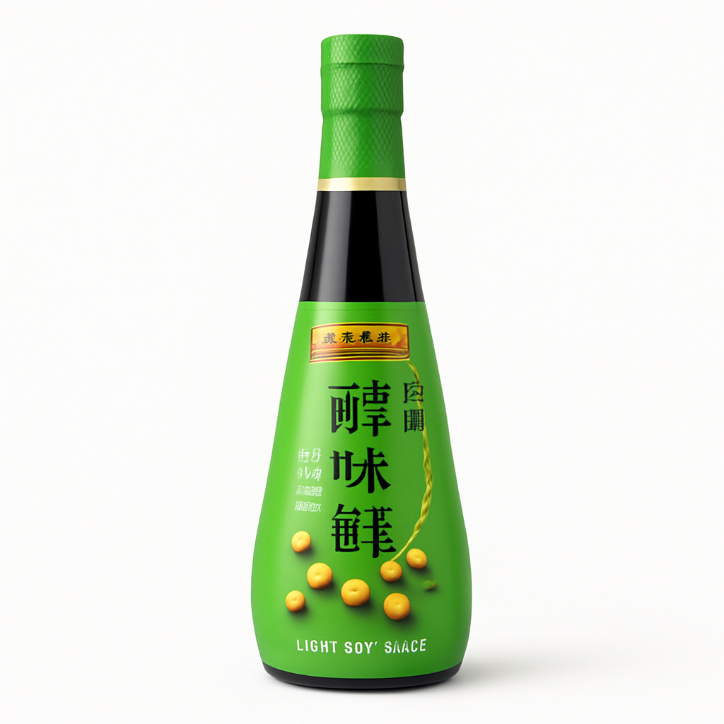 Mei Wei: Molho de Soja com Redução de Sal（精味薄盐鲜美生抽）- Lee Kum Kee 500ml - Embalagem em Fundo Branco