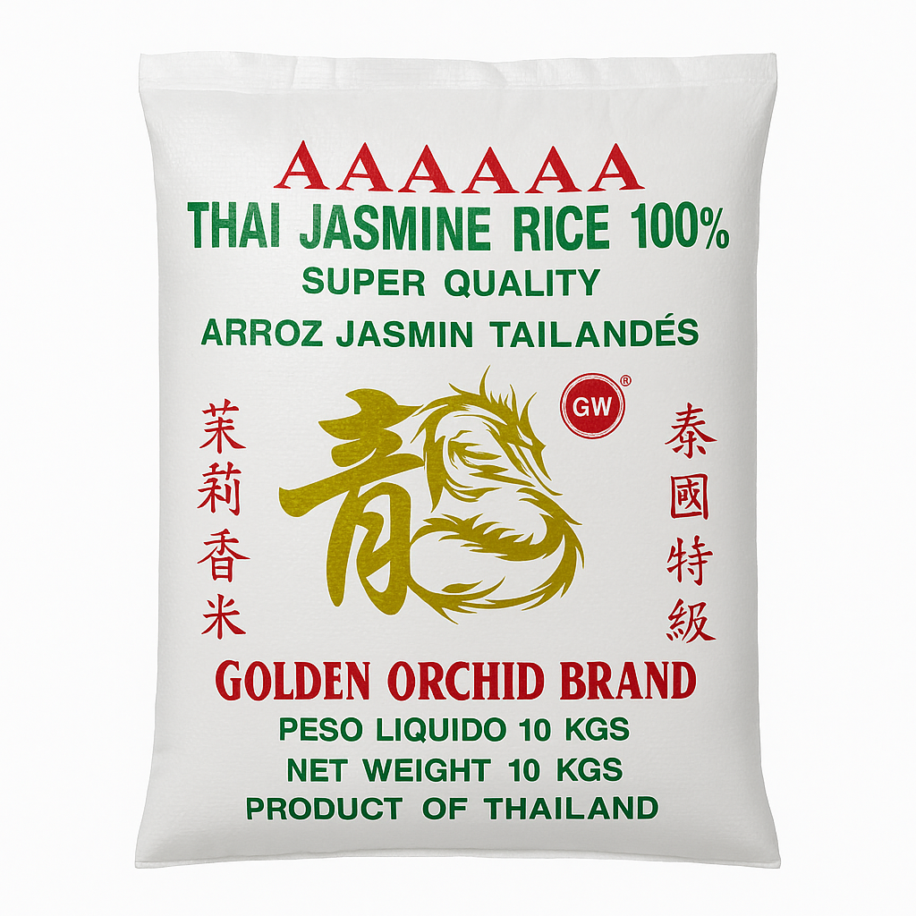 Mei Wei: Arroz Jasmin Tailandês（泰国茉莉香米）- Golden Orchid Brand 10kg - Embalagem em Fundo Branco
