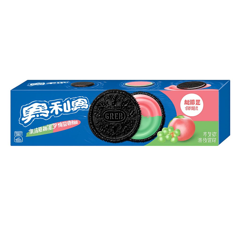 Mei Wei: Biscoito Oreo Sabor Uva e Pêssego（奥利奥缤纷双果味夹心饼干）- Oreo 97g - Embalagem em Fundo Branco