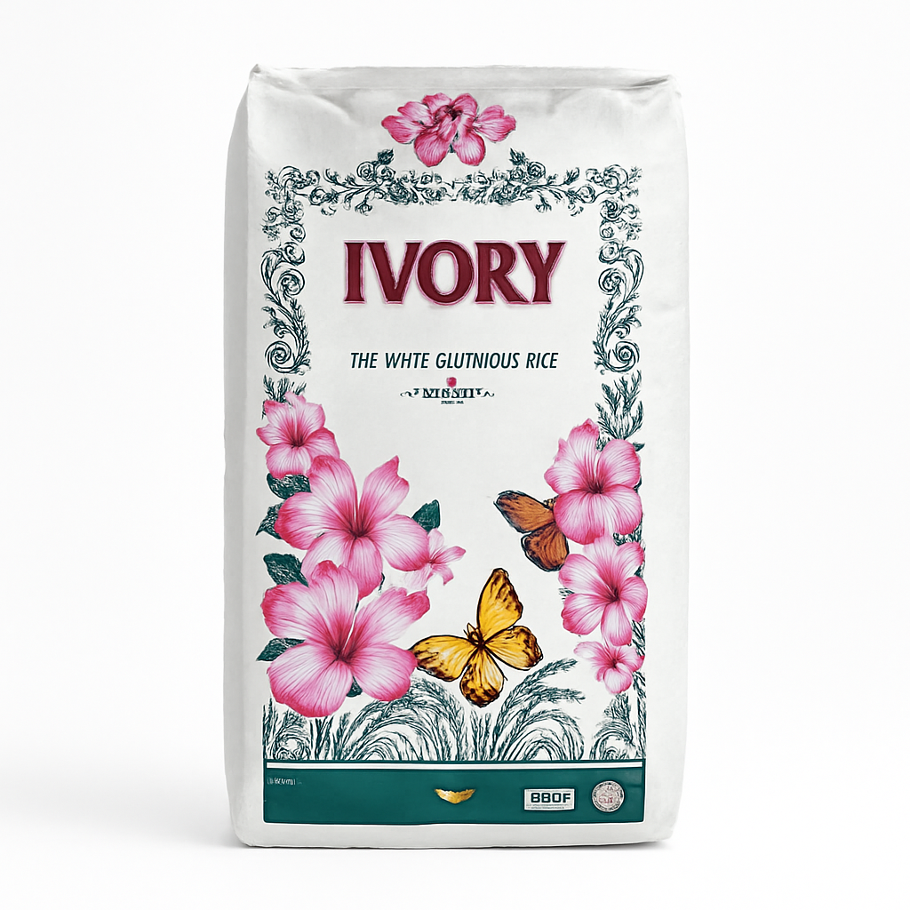 Mei Wei: Arroz Glutinoso Thai（泰式糯米）- Ivory 25kg - Embalagem em Fundo Branco