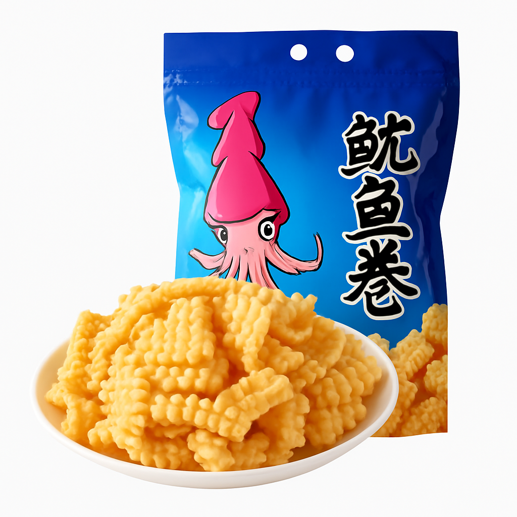 Mei Wei: Salgadinho de Lula Crocante（鱿鱼卷）- WenBo 70g - Embalagem em Fundo Branco