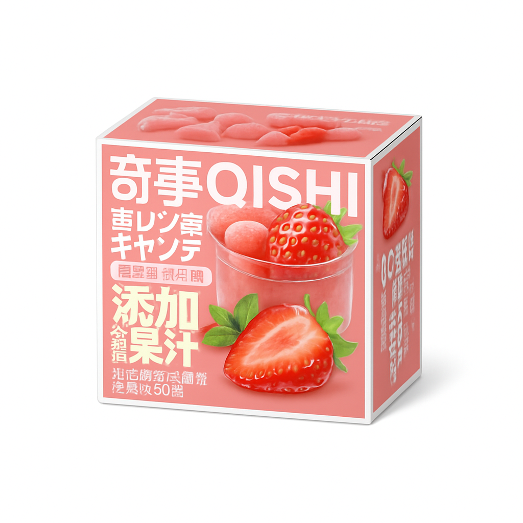 Mei Wei: Bala de Goma Sabor Morango（奇事奇レプ事キャンデー）- QiShi 80g - Embalagem em Fundo Branco