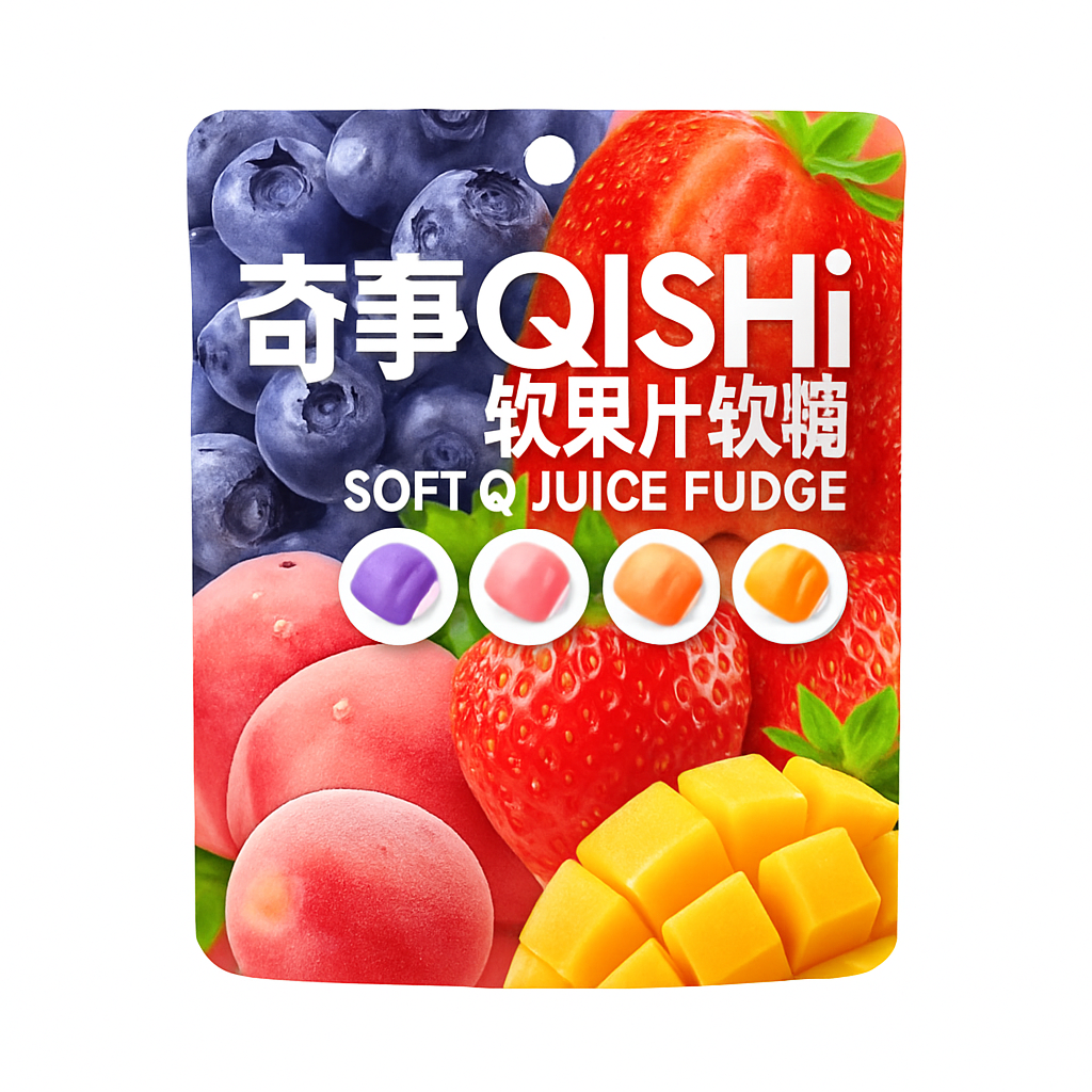 Mei Wei: Bala de Goma Sabor Frutas Diversas（果汁軟糖）- Qishi 78g - Embalagem em Fundo Branco