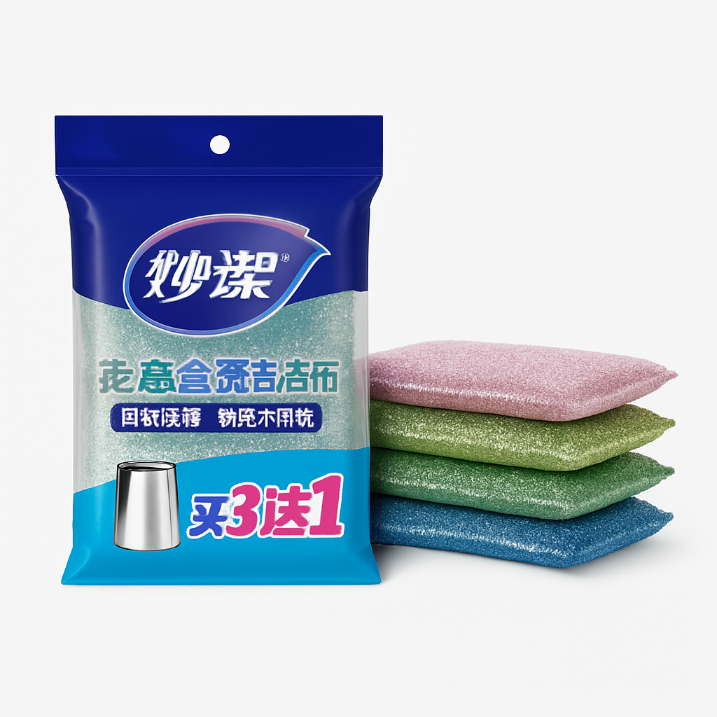 Mei Wei: Esponja de Limpeza Colorida（彩条金柔百洁布）- Miaojie Kit 3+1 - Embalagem em Fundo Branco