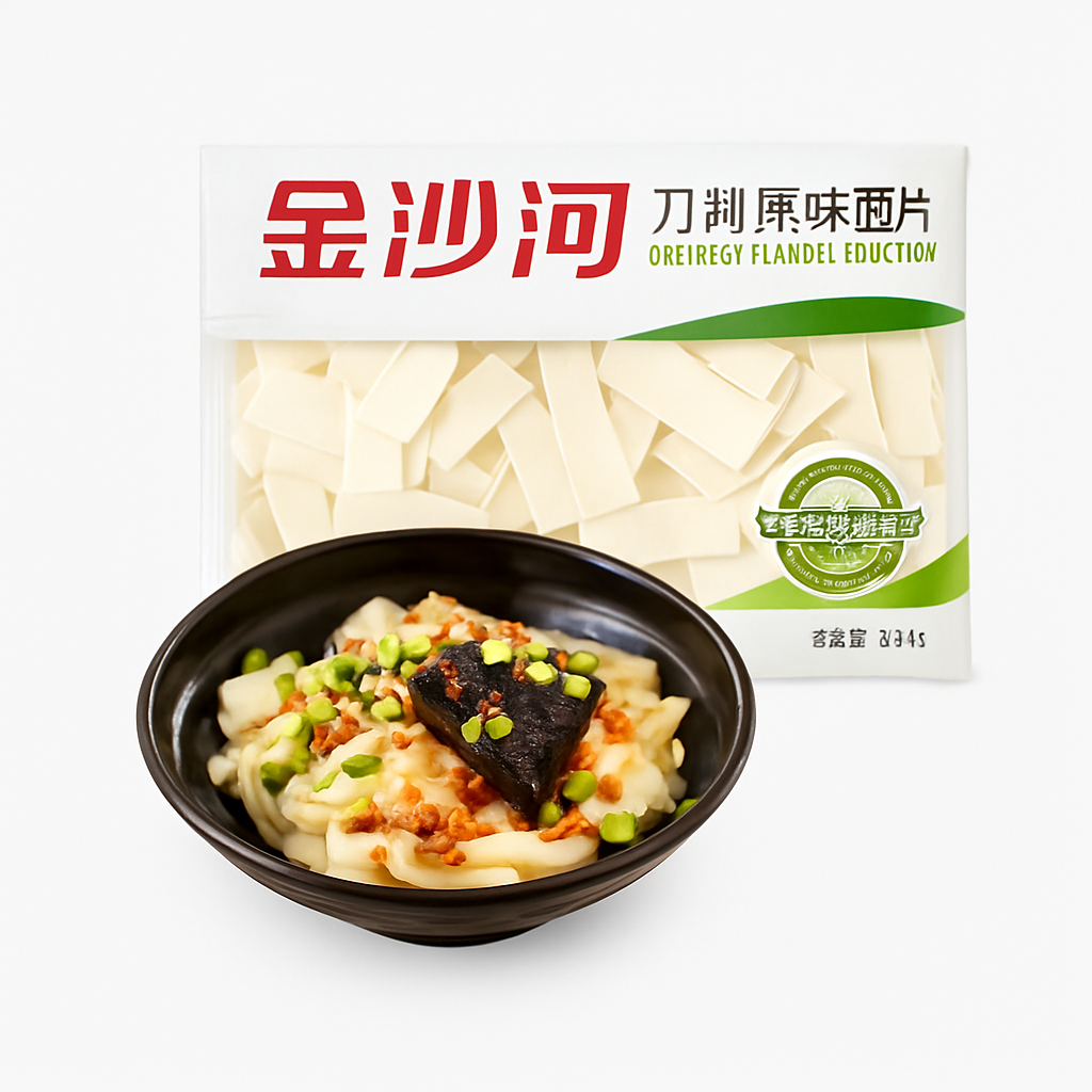 Mei Wei: Macarrão Fatiado Sabor Original（刀削原味面片）- Jinsha River 200g - Embalagem em Fundo Branco