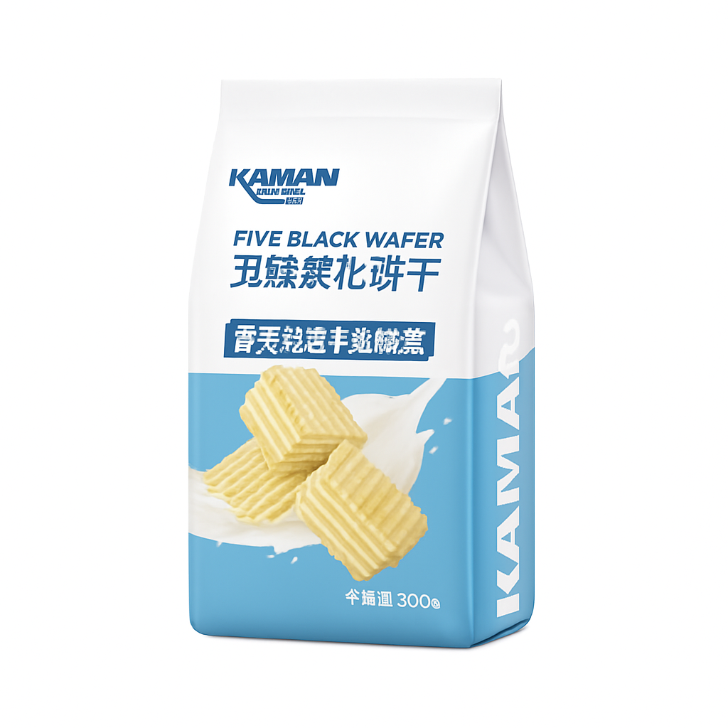 Mei Wei: Wafer Five Black Sabor Vanilla（五黑威化饼干）- Kaman 300g - Embalagem em Fundo Branco