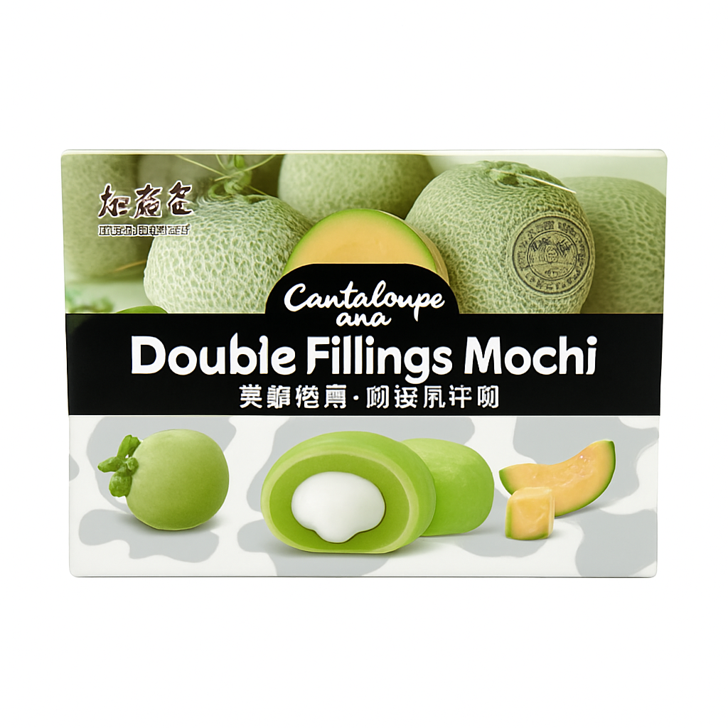 Mei Wei: Mochi Double Fillings Melão Cantaloupe（雙餡麻糬）- Bamboo House 180g - Embalagem em Fundo Branco