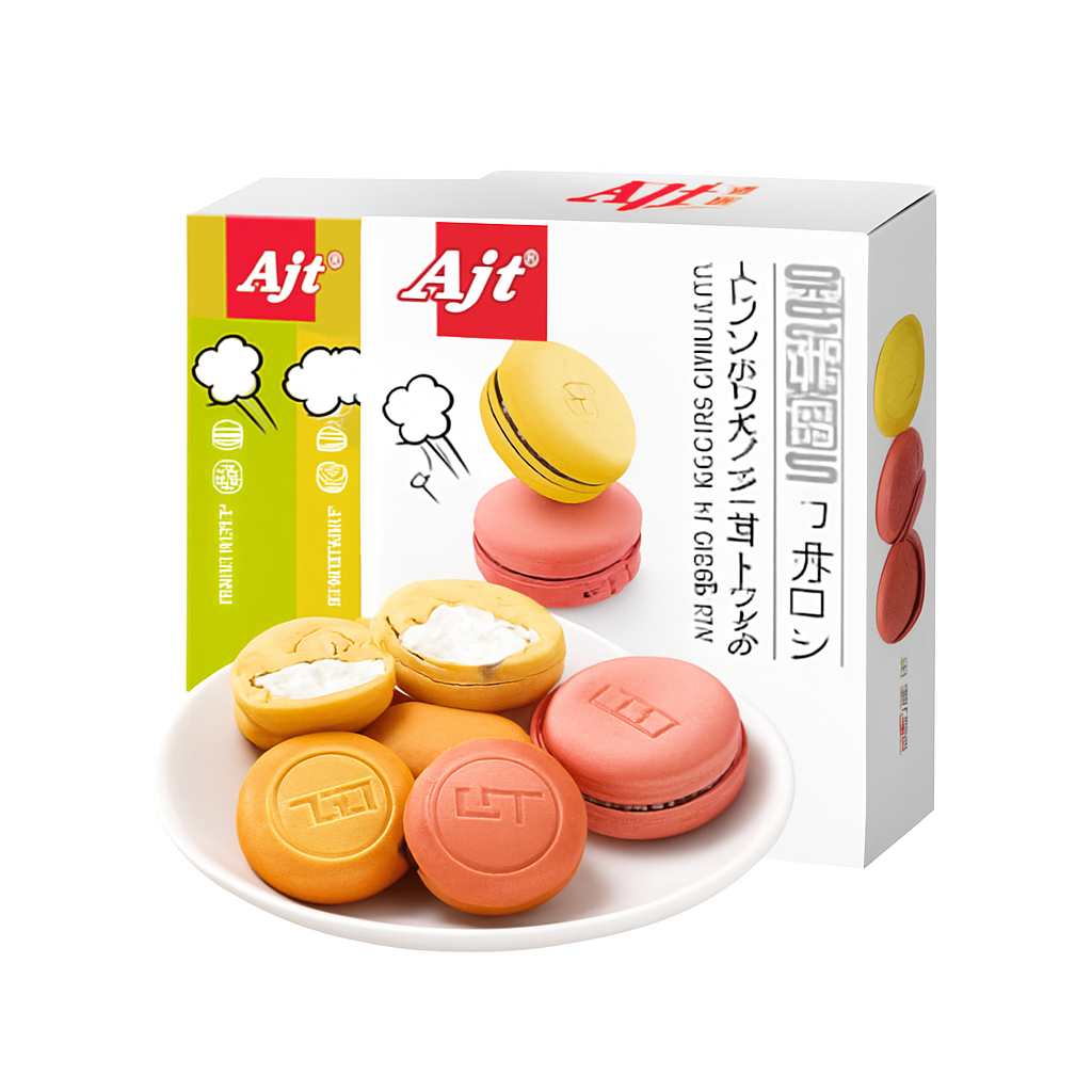 Mei Wei: Biscoito Macaron com Pop Rocks（跳跳糖马卡龙饼干）- Aji 133g - Embalagem em Fundo Branco
