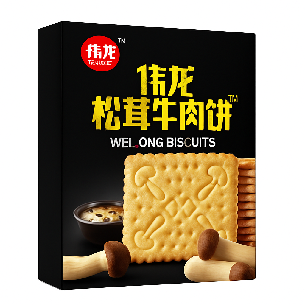 Mei Wei: Biscoito de Carne Bovina e Cogumelo Matsutake（伟龙松茸牛肉饼干）- Weilong 180g - Embalagem em Fundo Branco