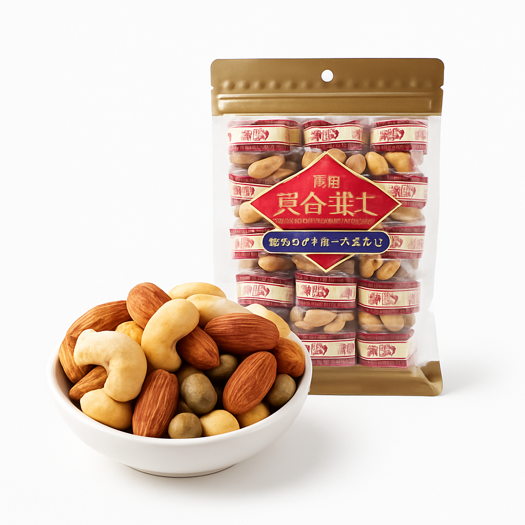Mei Wei: Mix de Nozes e Amendoins（肥佬细什锦综合果仁）- Feijia 250g - Embalagem em Fundo Branco