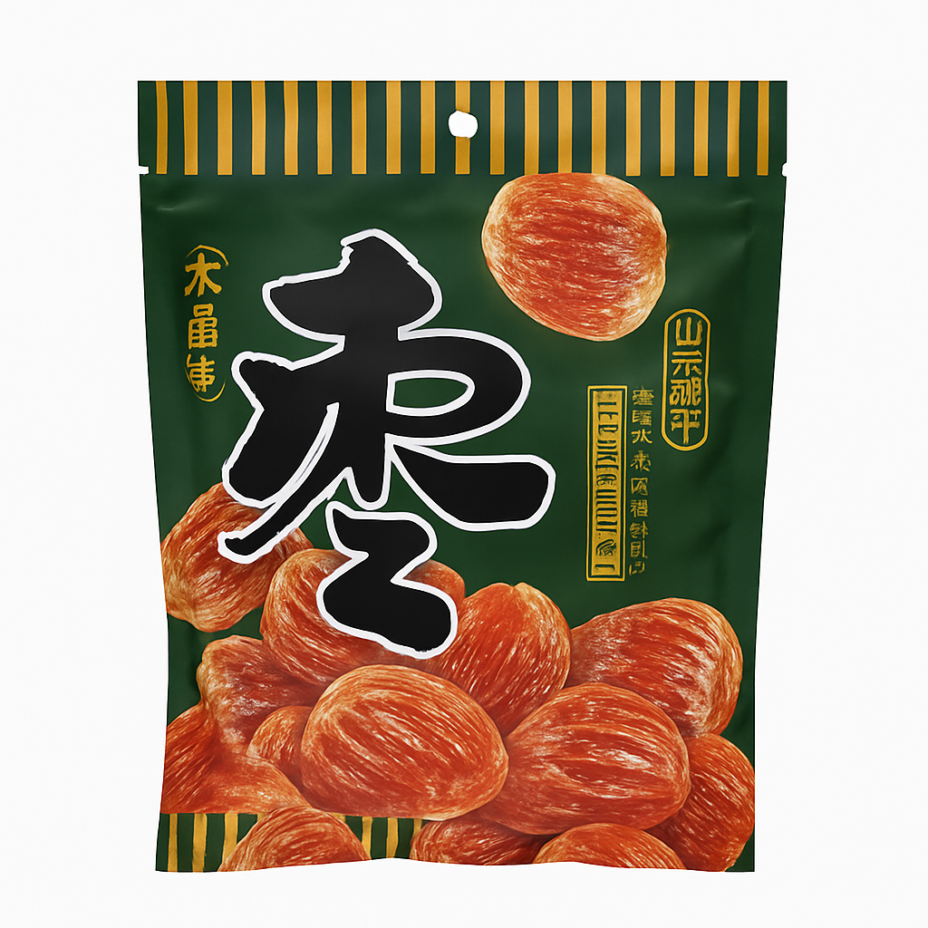 Mei Wei: Tâmaras Cristalizadas（水晶蜜枣）- Pufeng 208g - Embalagem em Fundo Branco