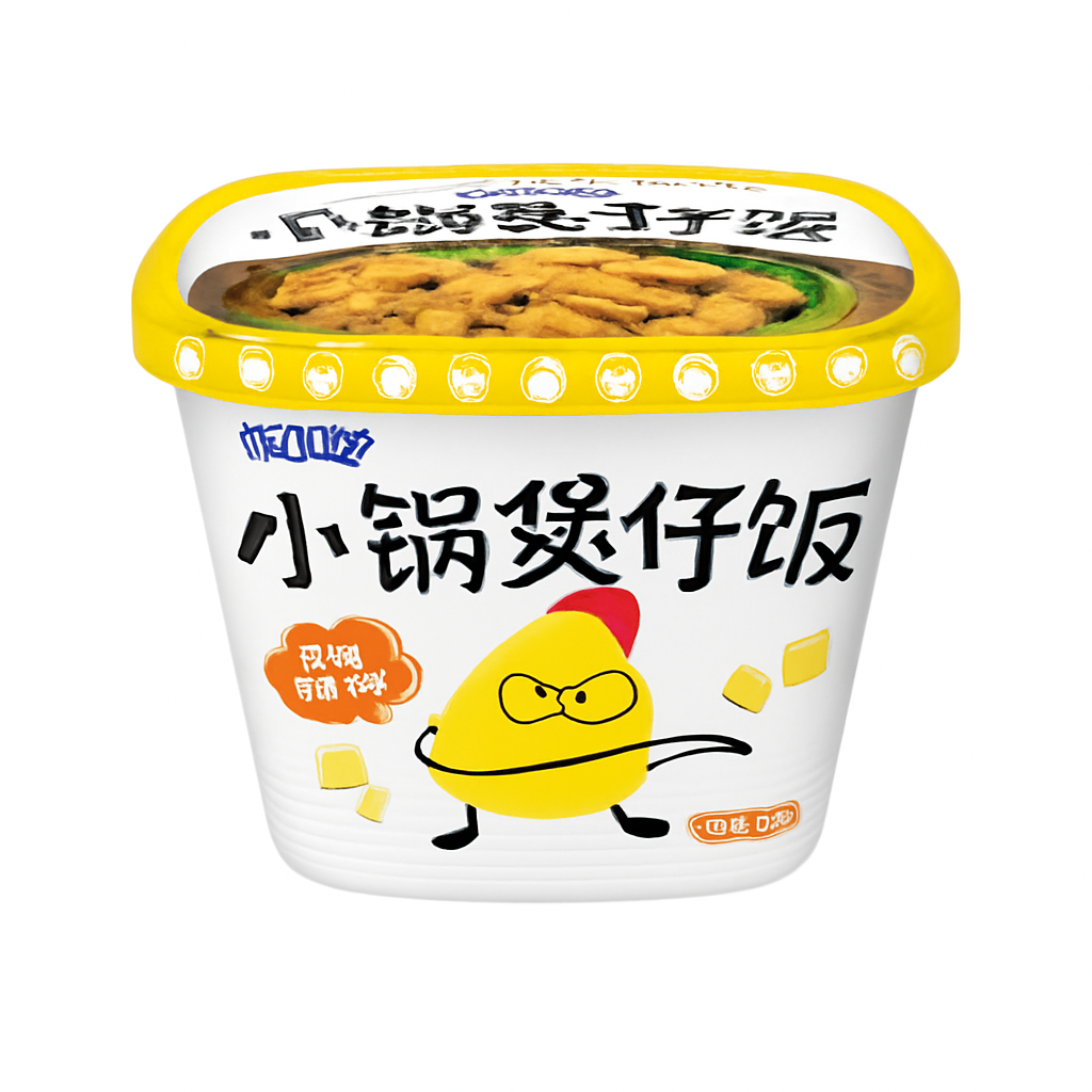Mei Wei: Arroz de Panela de Barro Sabor Frango com Cogumelos（小锅煲仔饭-黄焖鸡味）- 饭小馋 190g - Embalagem em Fundo Branco