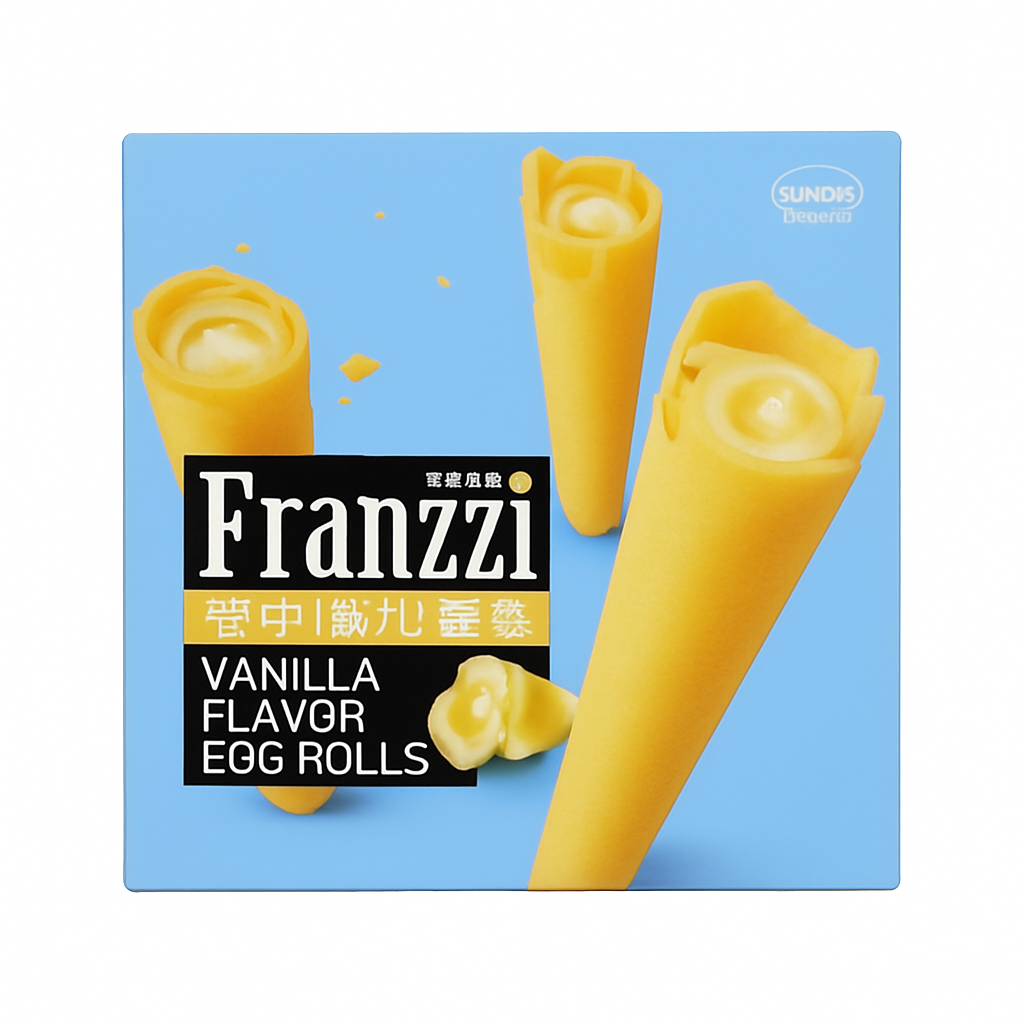 Mei Wei: Egg Rolls de Baunilha（法丽兹夹心卷）- Franzzi 102g - Embalagem em Fundo Branco