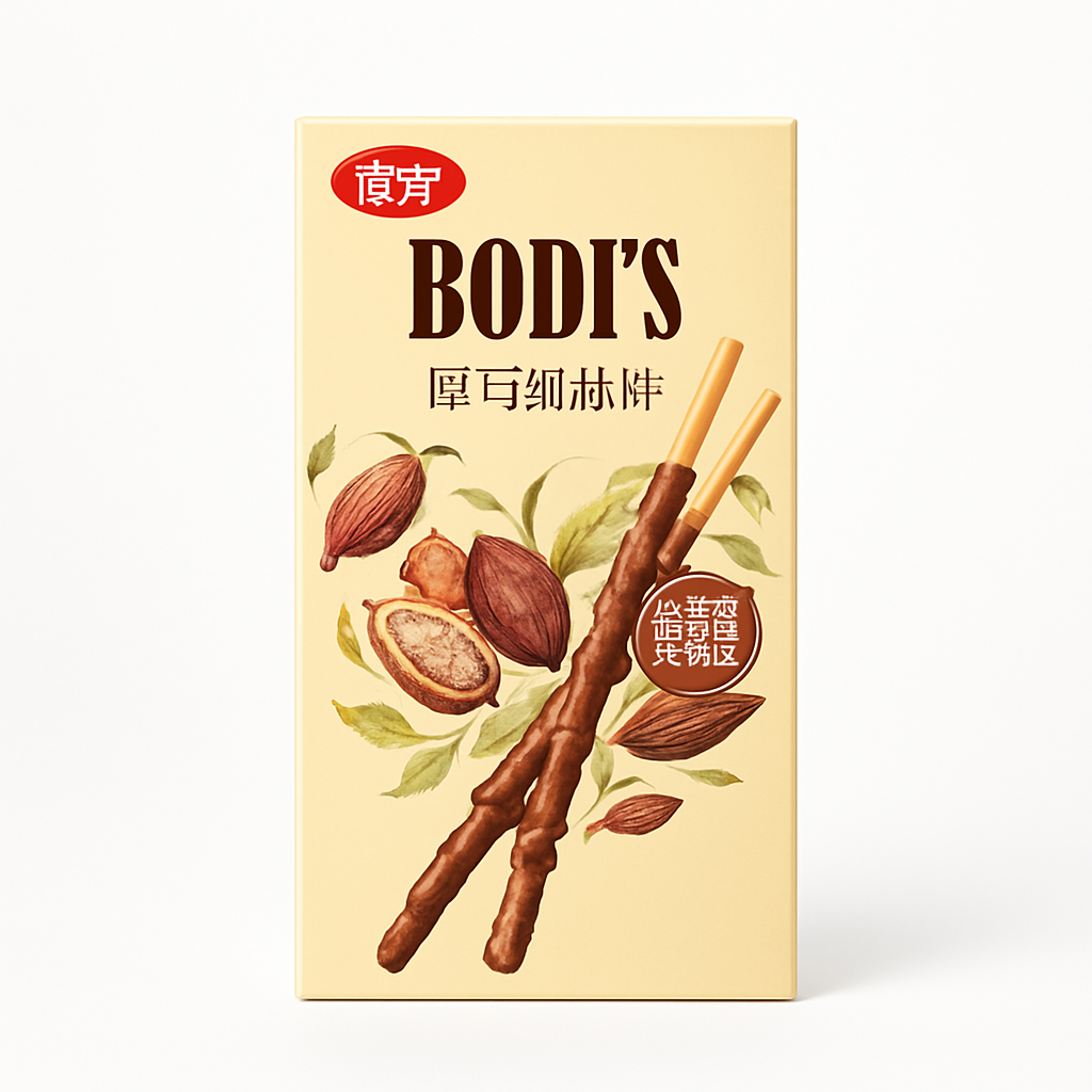 Mei Wei: Biscoito Wafer de Chocolate com Leite（伯蒂厚巧粒粒棒）- Bobi's 32g - Embalagem em Fundo Branco