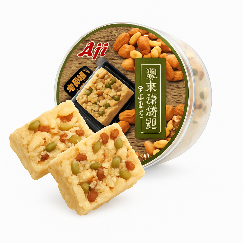 Mei Wei: Sachima de Castanhas e Nozes（坚果沙琪玛）- Aji 318g - Embalagem em Fundo Branco