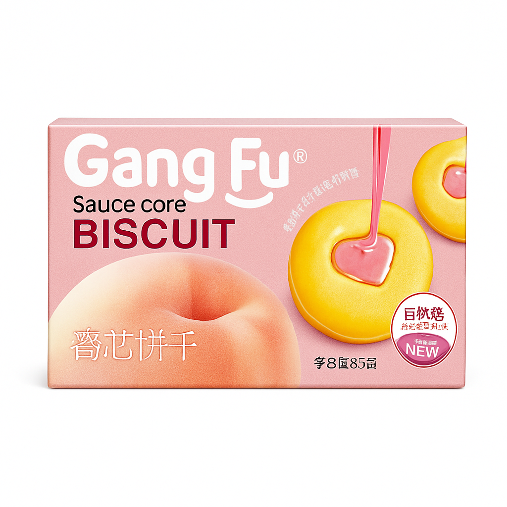 Mei Wei: Biscoito Recheado Sabor Pêssego Branco（港福酱芯饼干）- Gang Fu 55g - Embalagem em Fundo Branco