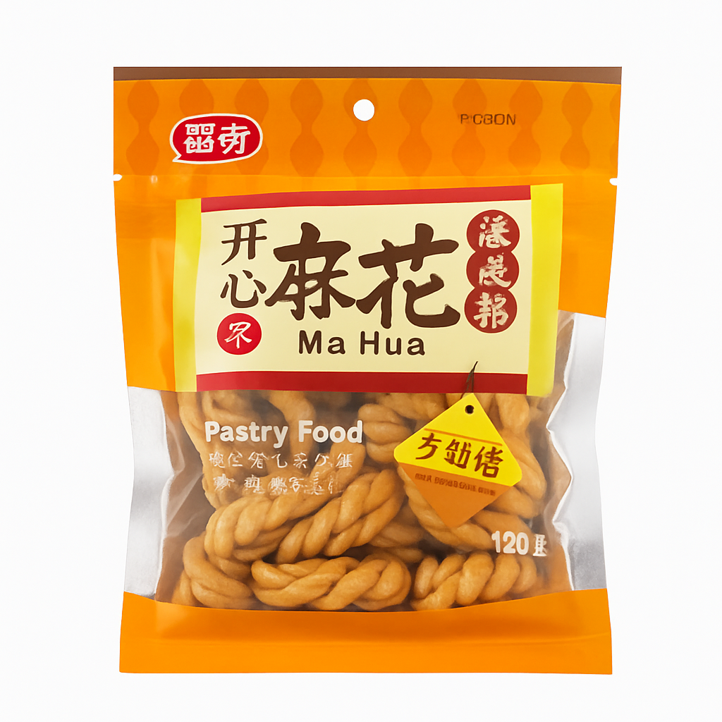 Mei Wei: Ma Hua Doce de Gergelim（开心麻花）- Ouyike 120g - Embalagem em Fundo Branco
