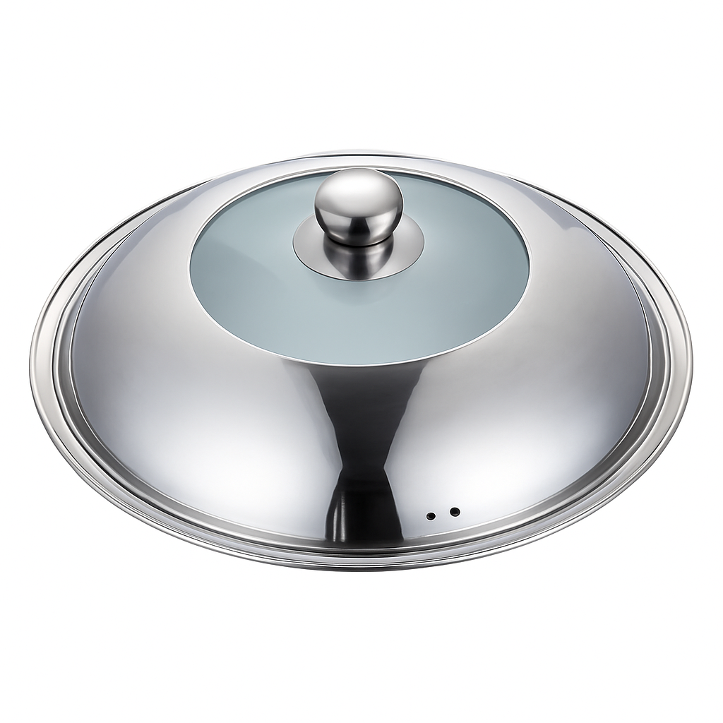 Mei Wei: Tampa de Aço Inox com Visor de Vidro 40cm（刚博士半玻盖40cm） - Embalagem em Fundo Branco