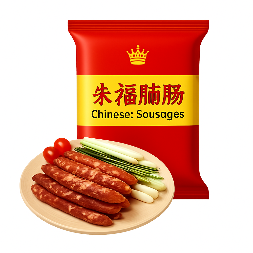 Mei Wei: Linguiça Chinesa Defumada（茶福腊肠）- Huangshanghuang 400g - Embalagem em Fundo Branco