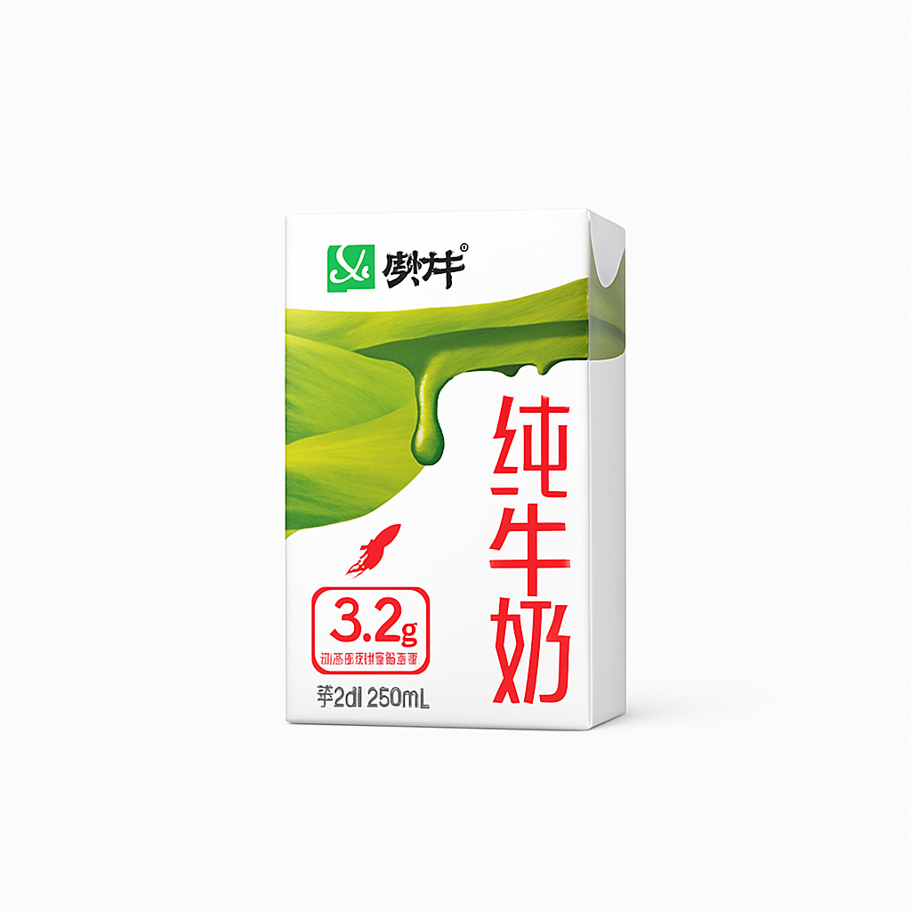 Mei Wei: Leite Integral UHT（蒙牛纯牛奶）- Mengniu 250ml - Embalagem em Fundo Branco