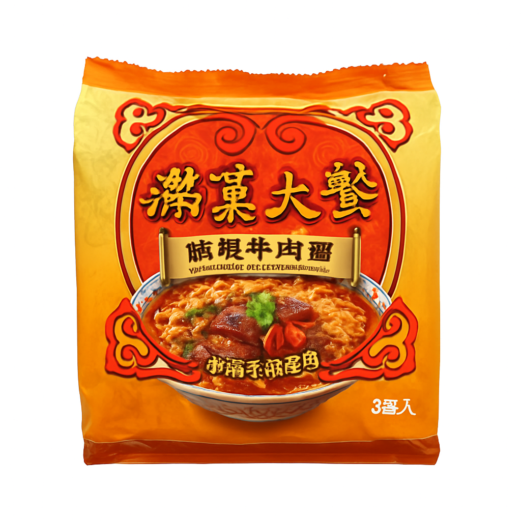 Mei Wei: Macarrão Instantâneo Carne com Cebolinha（滿漢大餐蔥燒牛肉麵）- Uni-President 3 unidades - Embalagem em Fundo Branco
