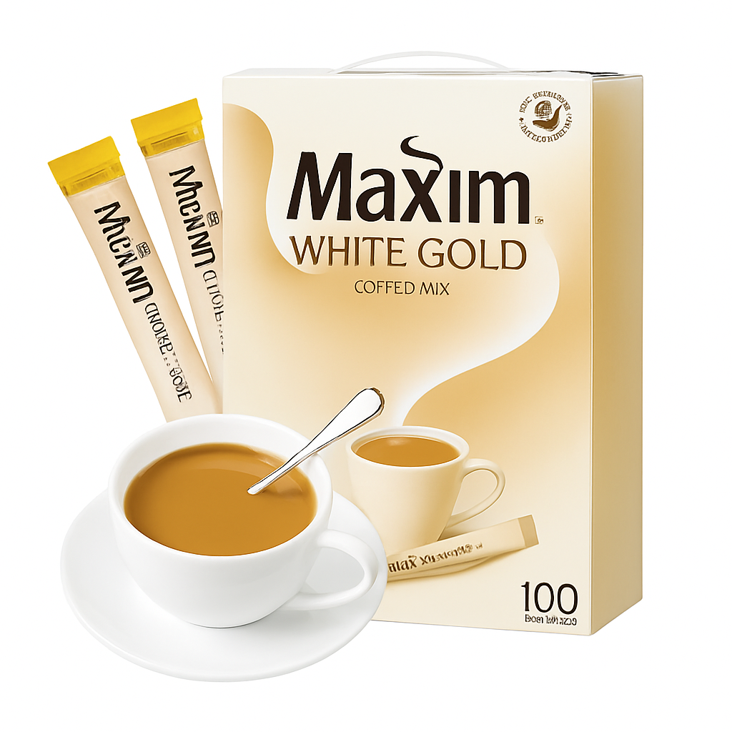 Mei Wei: Café White Gold（화이트골드）- Maxim 100 sachês - Embalagem em Fundo Branco