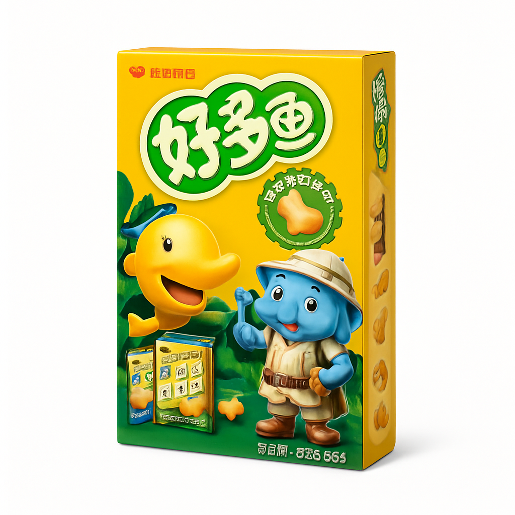 Mei Wei: Biscoito de Peixinho Sabor Frango com Mel（好多鱼）- Orion 33g - Embalagem em Fundo Branco