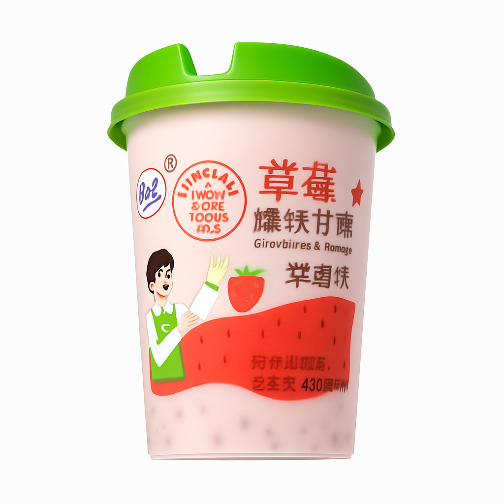 Mei Wei: Bebida de Morango com Esferas Explosivas（草莓爆珠甘露）- Qinglang 450ml - Embalagem em Fundo Branco